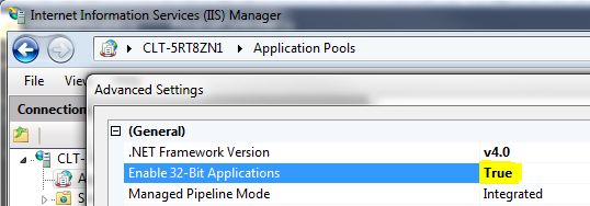 Advaced settings on an application pool in IIS7 showing it being enabled for 32-bit applications.