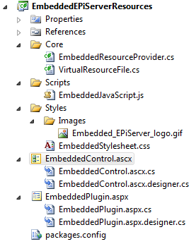 Embedded EPiServer resources, The Visual Studio 2010 solution explorer.