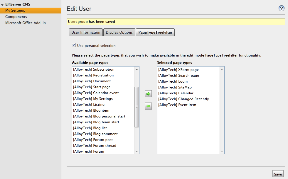User settings interface for the PageTypeTreeFilter functionality