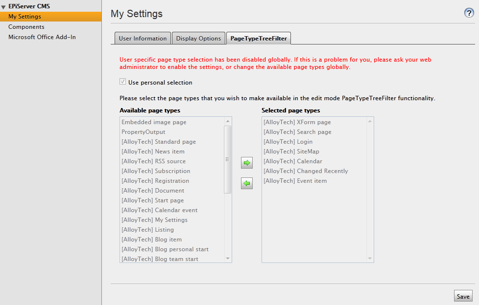 Deactivated user settings interface for the PageTypeTreeFilter functionality
