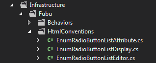 Visual Studio 2012 Solution explorer showing the FubuMVC HtmlConvention for the EnumRadioButtonList.
