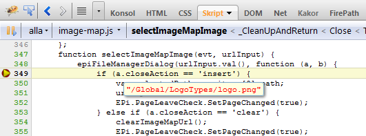 The original EPiServer 6 version of the code showing a.closeAction holding the path to the image when it is selected in the EPiServer file manager dialog.