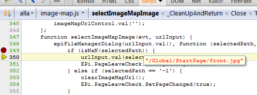 EPiServer 5 version of the code showing the selectedPath parameter when a new image is selected in the EPiServer file manager dialog.