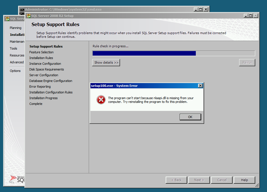 Microsoft SQL Server installer cannot start because nlaapi.dll is missing.