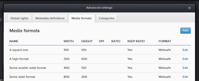 Media formats set up in ImageVault editor interface.
