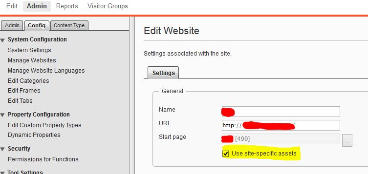 EPiServer's administration mode with site-specific assets option.