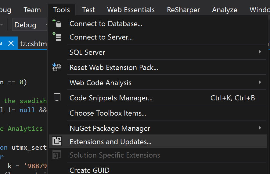 The tool menu in Visual Studio 2015 showing where to find the Extensions and Updates option.