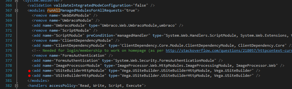 Vega IT's uSiteBuilder adding module twice in web.config breaking Umbraco CMS.