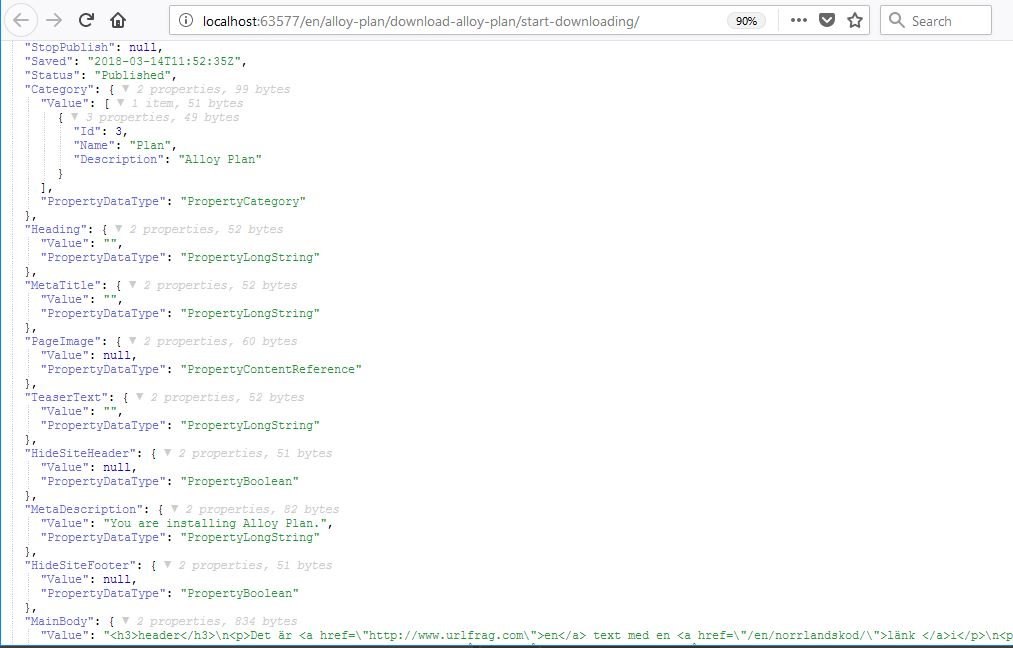 JSON generated by EPiServer using their new headless functionality for Friendly URLs