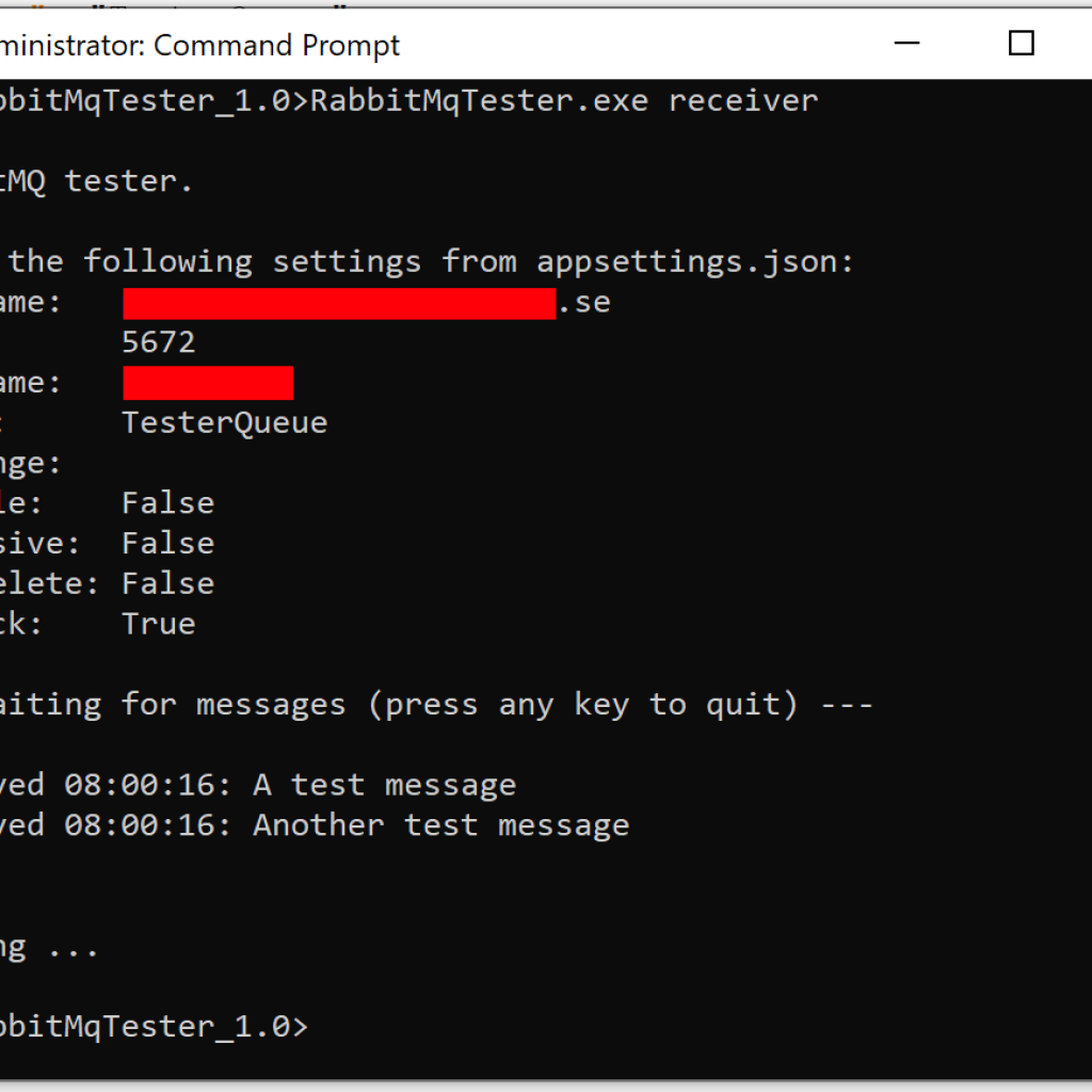 RabbitMQTester receiver in a command prompt.