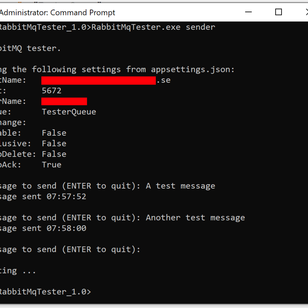 RabbitMQTester sender in a command prompt.